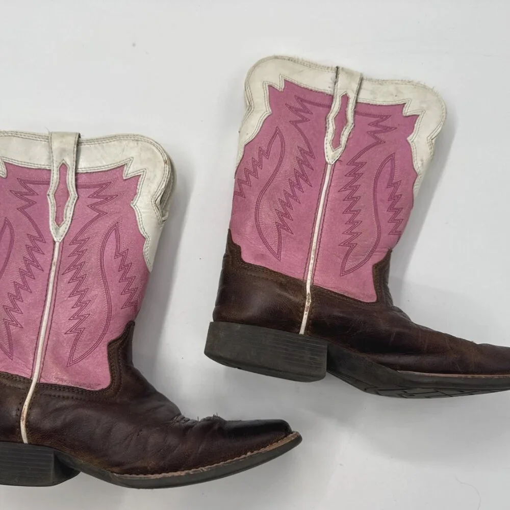 Ariat Tuscadero Boots Girls Youth 3 Pink Brown Square Toe Western Embroidered